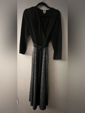 Anne Klein Black Long-Sleeve Faux-Wrap Maxi Dress with Patterned Skirt